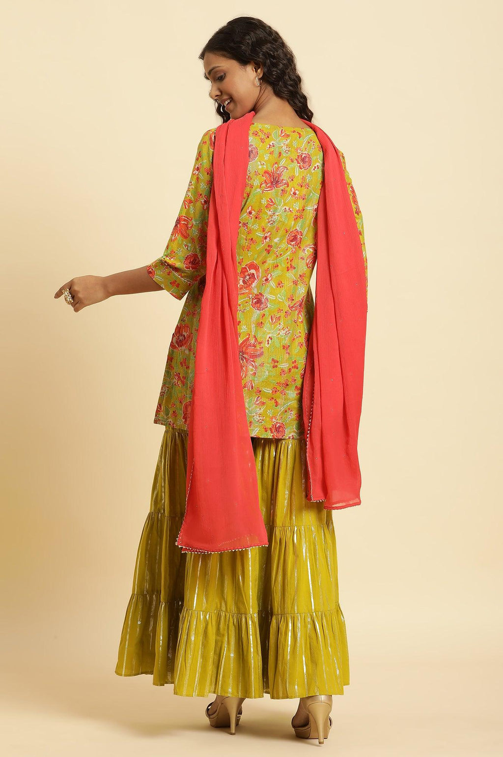W for Woman Green Floral Printed Short Kurta, Sharara And Dupatta Set | Grocsy