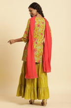 W for Woman Green Floral Printed Short Kurta, Sharara And Dupatta Set | Grocsy