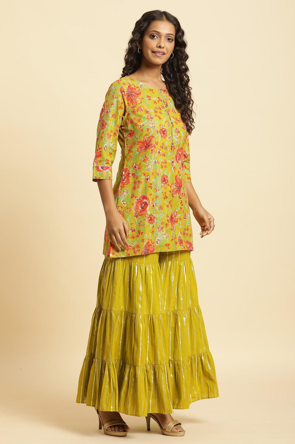 W for Woman Green Floral Printed Short Kurta, Sharara And Dupatta Set | Grocsy