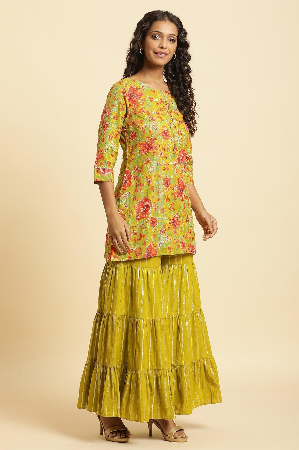 W for Woman Green Floral Printed Short Kurta, Sharara And Dupatta Set | Grocsy