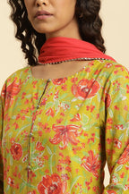 W for Woman Green Floral Printed Short Kurta, Sharara And Dupatta Set | Grocsy