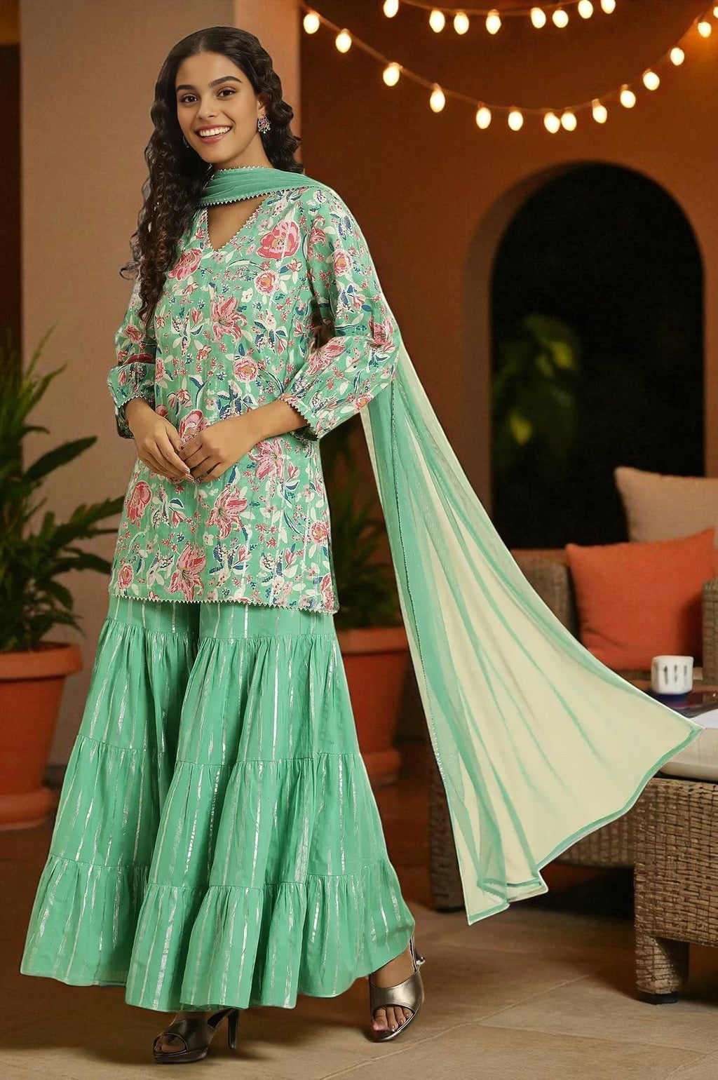 W for Woman Mint Green Printed Short Kurta, Tiered Sharara and Dupatta Set | Grocsy