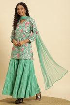 W for Woman Mint Green Printed Short Kurta, Tiered Sharara and Dupatta Set | Grocsy