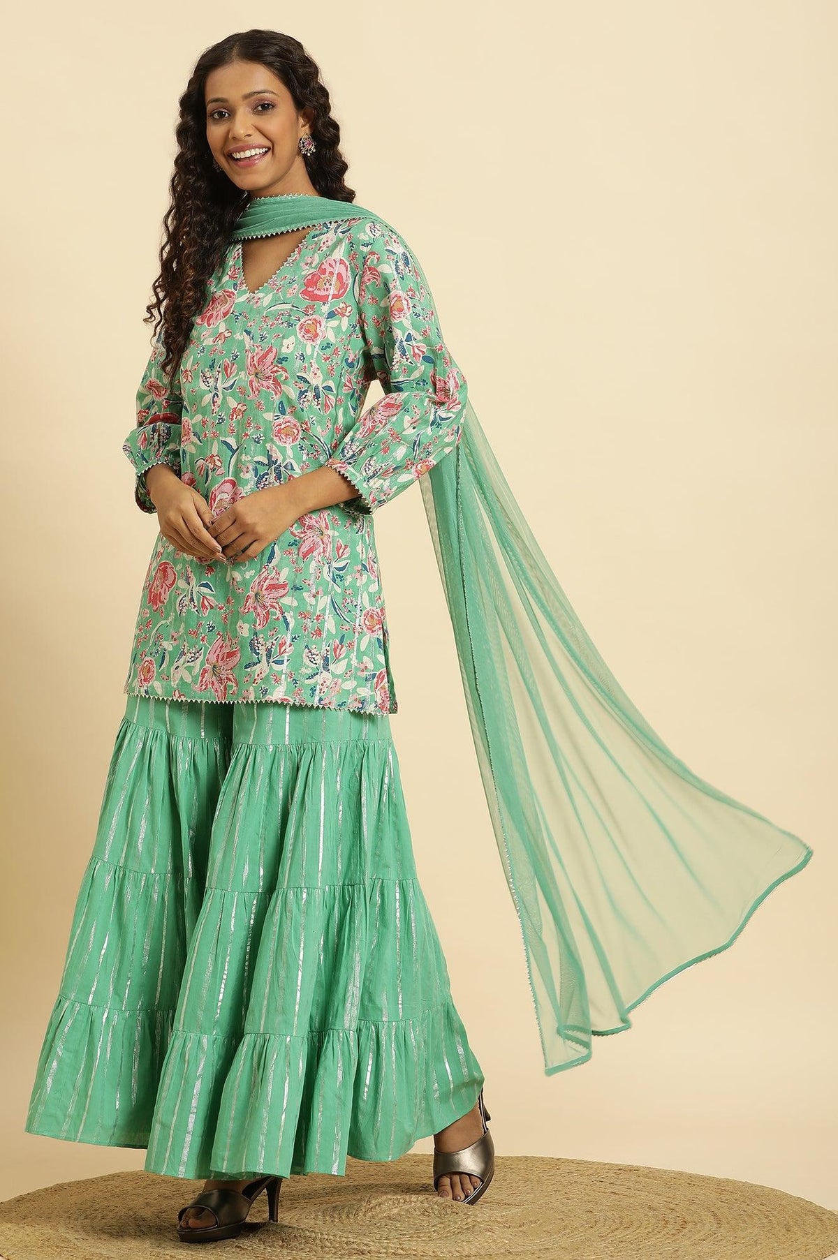 W for Woman Mint Green Printed Short Kurta, Tiered Sharara and Dupatta Set | Grocsy