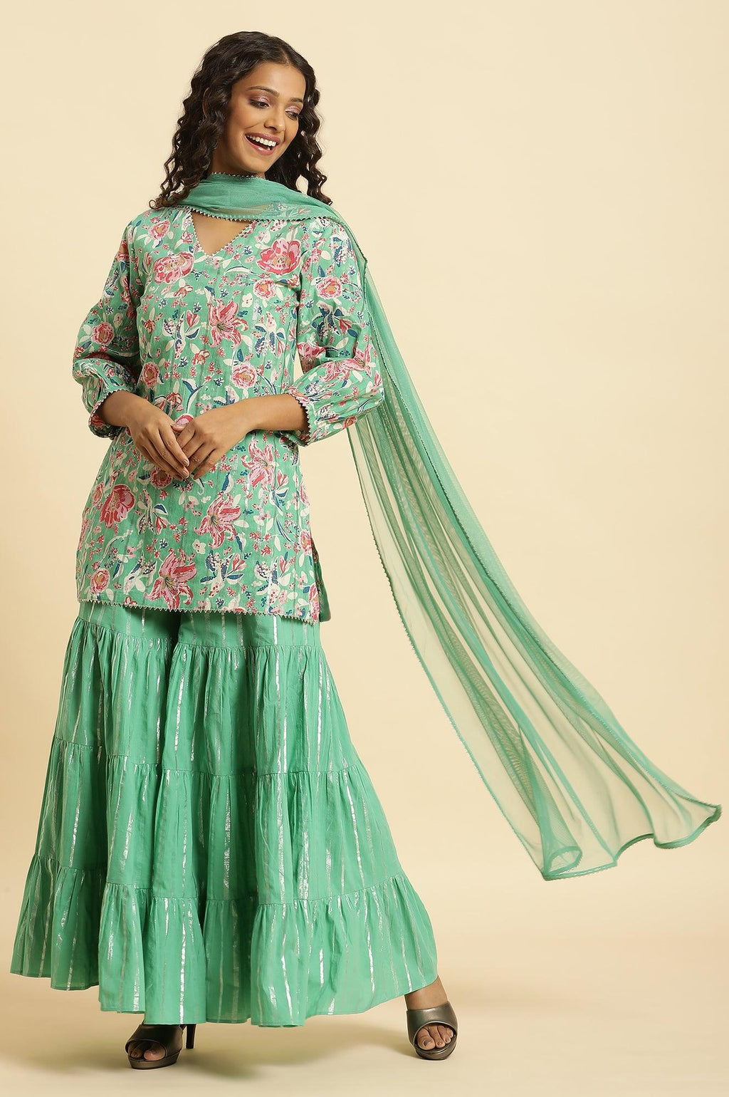 W for Woman Mint Green Printed Short Kurta, Tiered Sharara and Dupatta Set | Grocsy