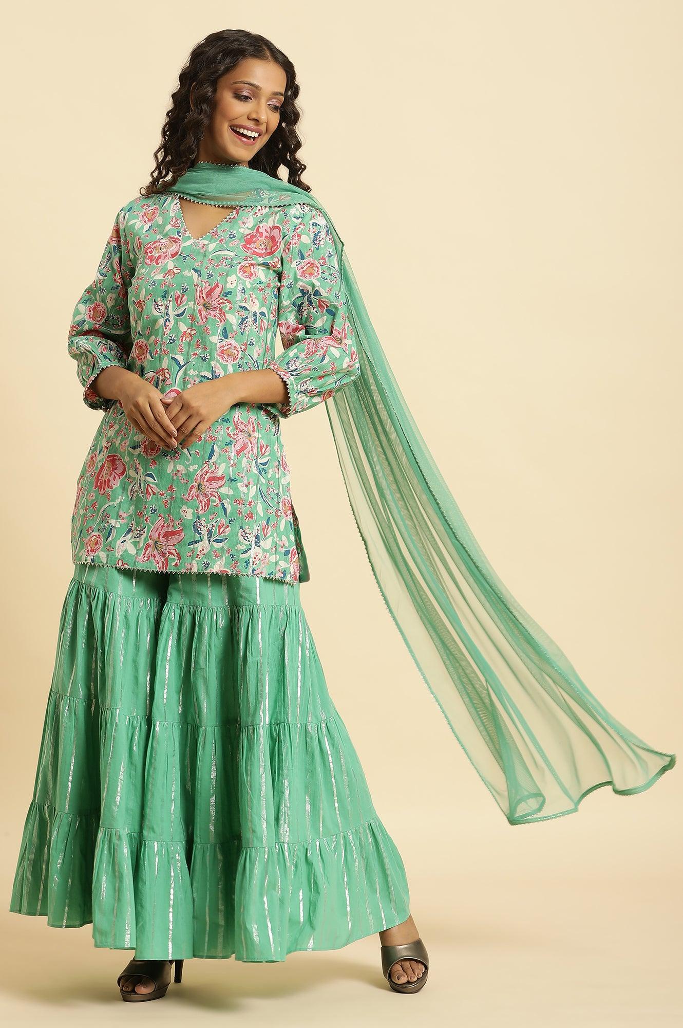W for Woman Mint Green Printed Short Kurta, Tiered Sharara and Dupatta Set | Grocsy