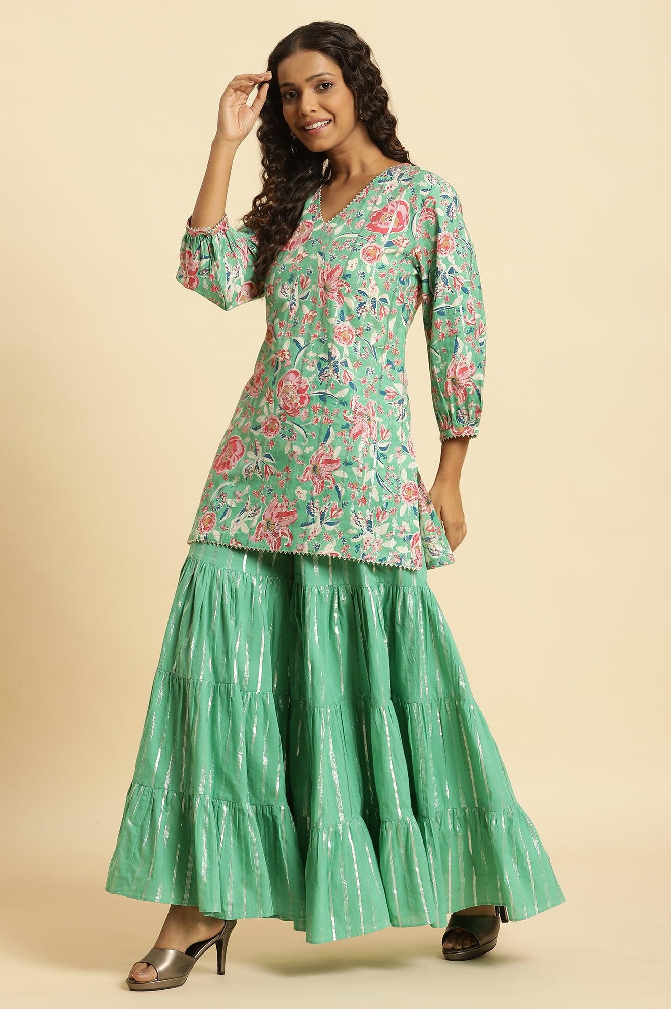 W for Woman Mint Green Printed Short Kurta, Tiered Sharara and Dupatta Set | Grocsy