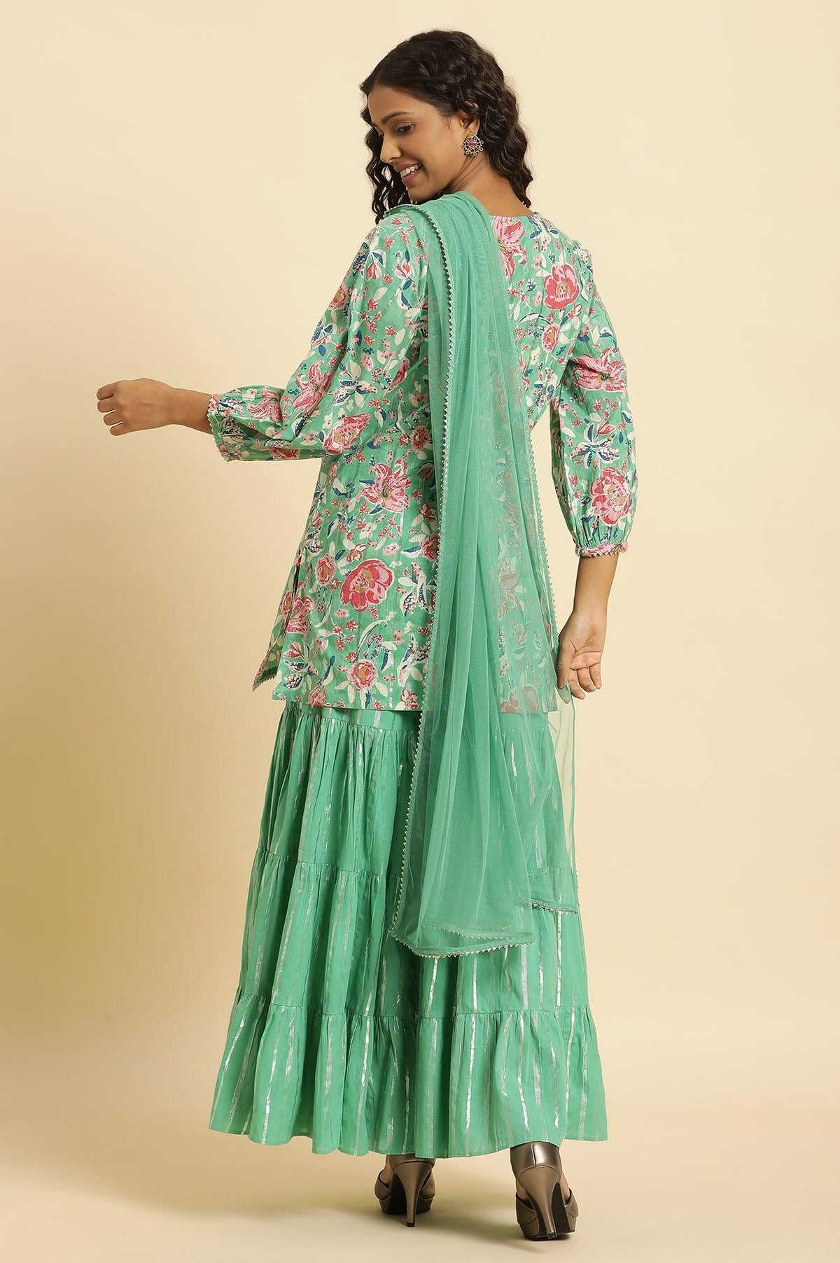 W for Woman Mint Green Printed Short Kurta, Tiered Sharara and Dupatta Set | Grocsy