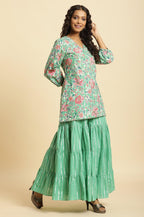 W for Woman Mint Green Printed Short Kurta, Tiered Sharara and Dupatta Set | Grocsy