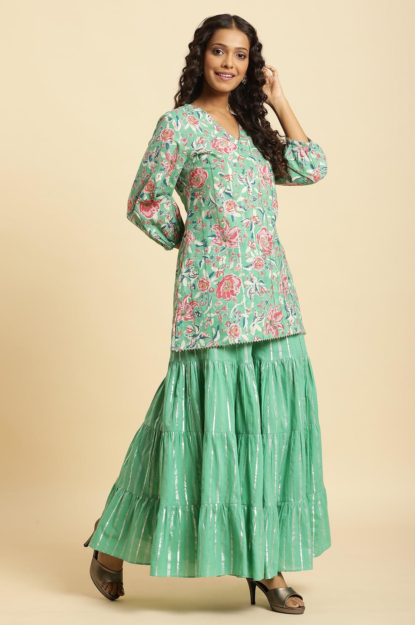 W for Woman Mint Green Printed Short Kurta, Tiered Sharara and Dupatta Set | Grocsy