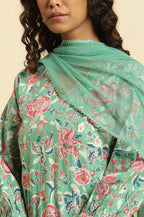 W for Woman Mint Green Printed Short Kurta, Tiered Sharara and Dupatta Set | Grocsy