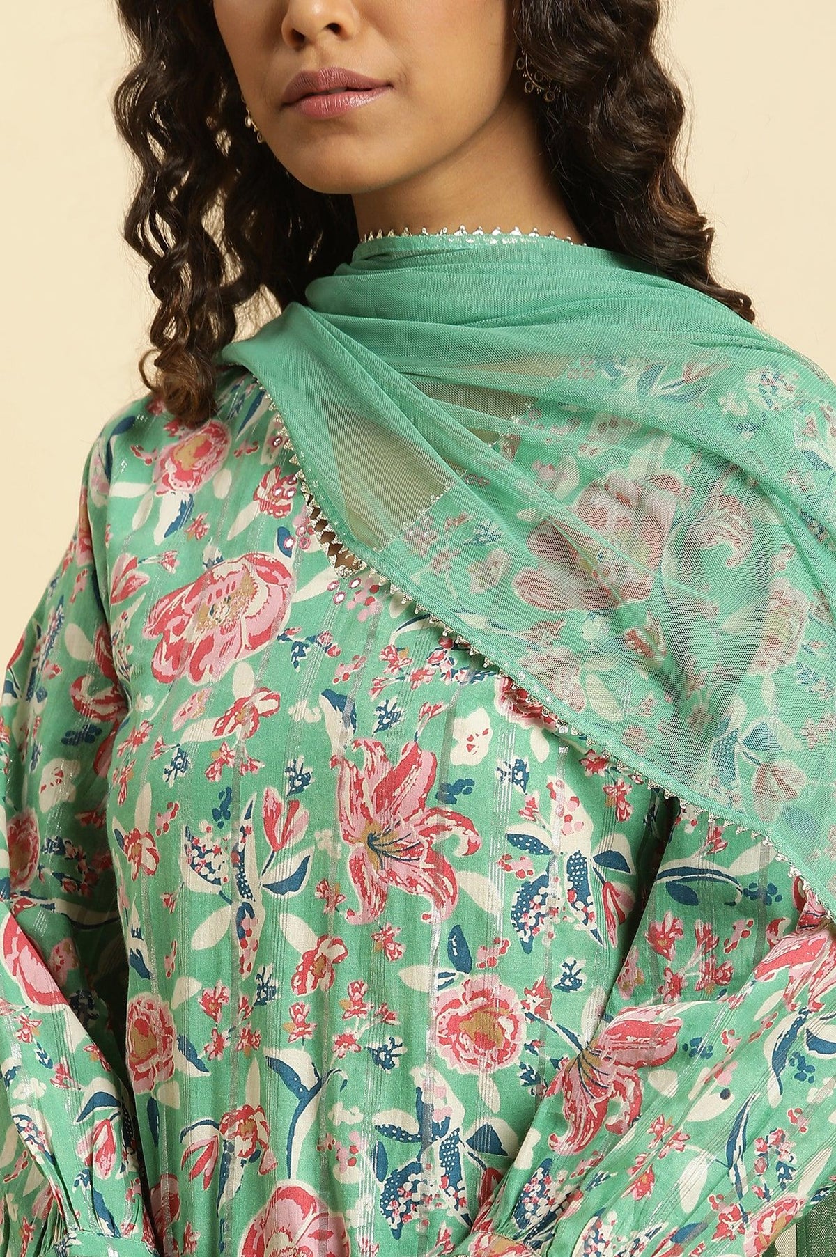 W for Woman Mint Green Printed Short Kurta, Tiered Sharara and Dupatta Set | Grocsy