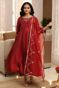 W for Woman Dark Red Zari Embroidered Festive Kurta, Pant And Dupatta Set | Grocsy
