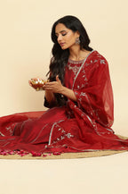 W for Woman Dark Red Zari Embroidered Festive Kurta, Pant And Dupatta Set | Grocsy