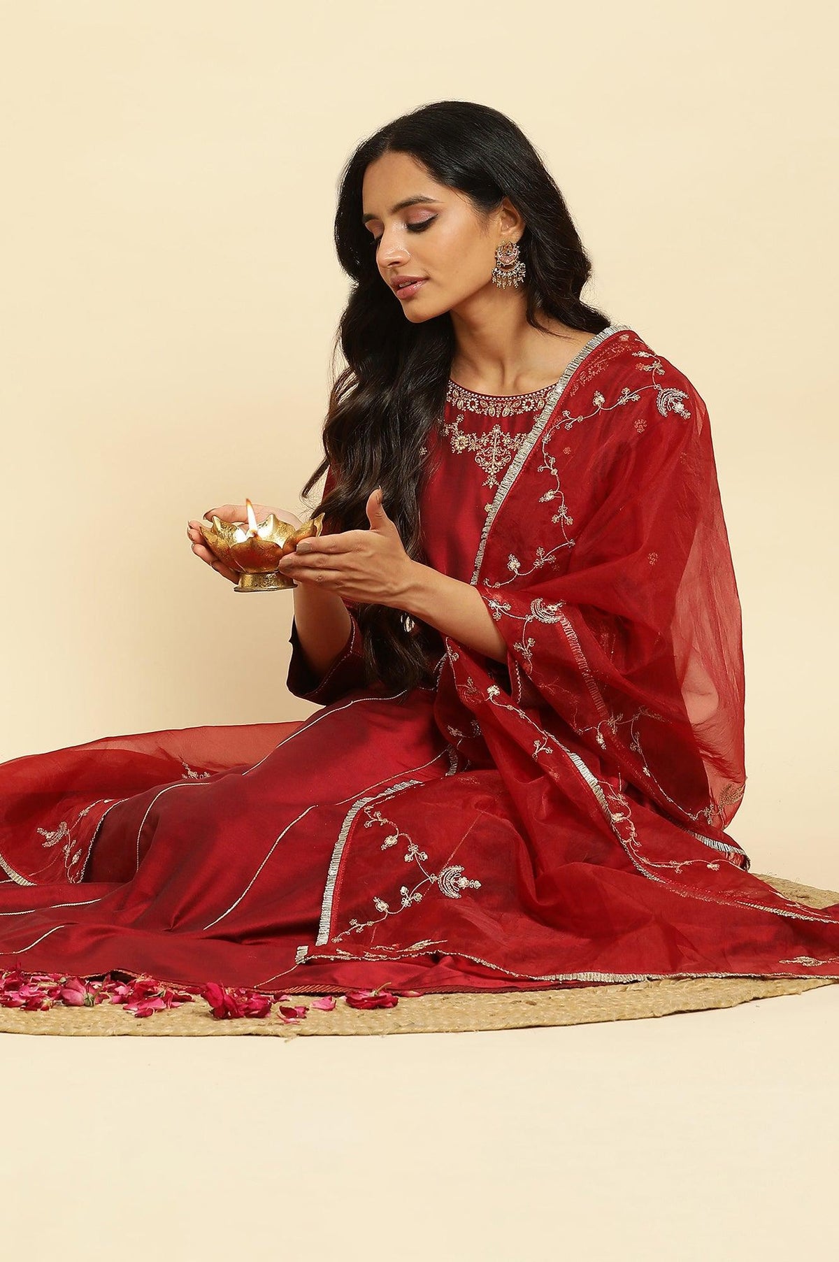 W for Woman Dark Red Zari Embroidered Festive Kurta, Pant And Dupatta Set | Grocsy