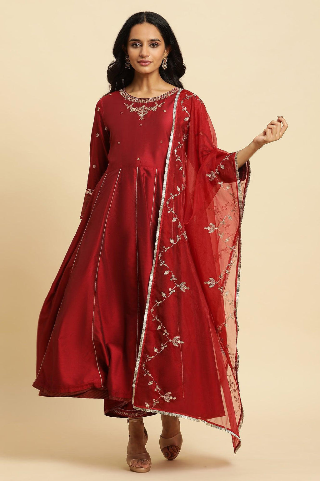 W for Woman Dark Red Zari Embroidered Festive Kurta, Pant And Dupatta Set | Grocsy