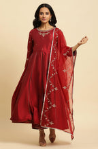 W for Woman Dark Red Zari Embroidered Festive Kurta, Pant And Dupatta Set | Grocsy