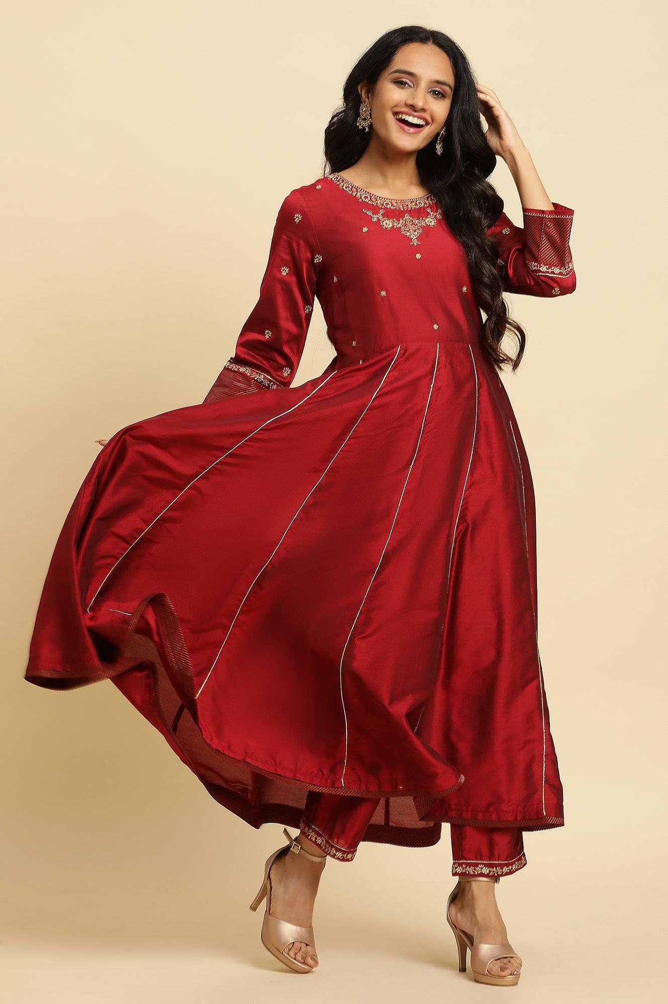 W for Woman Dark Red Zari Embroidered Festive Kurta, Pant And Dupatta Set | Grocsy