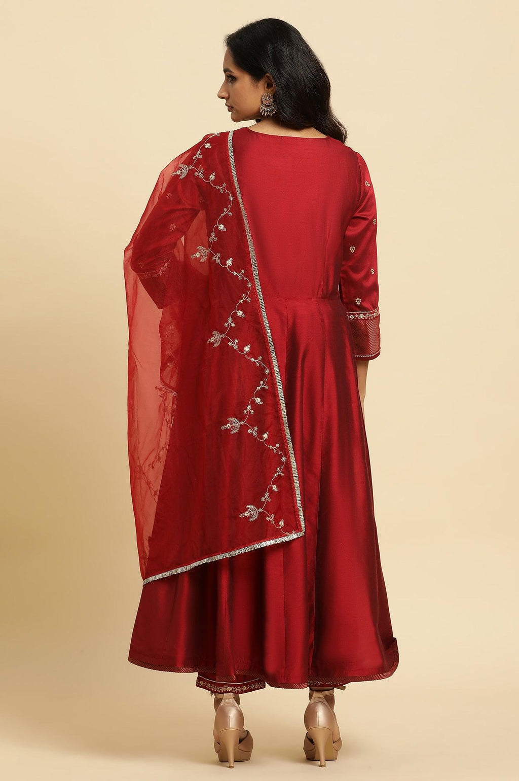 W for Woman Dark Red Zari Embroidered Festive Kurta, Pant And Dupatta Set | Grocsy