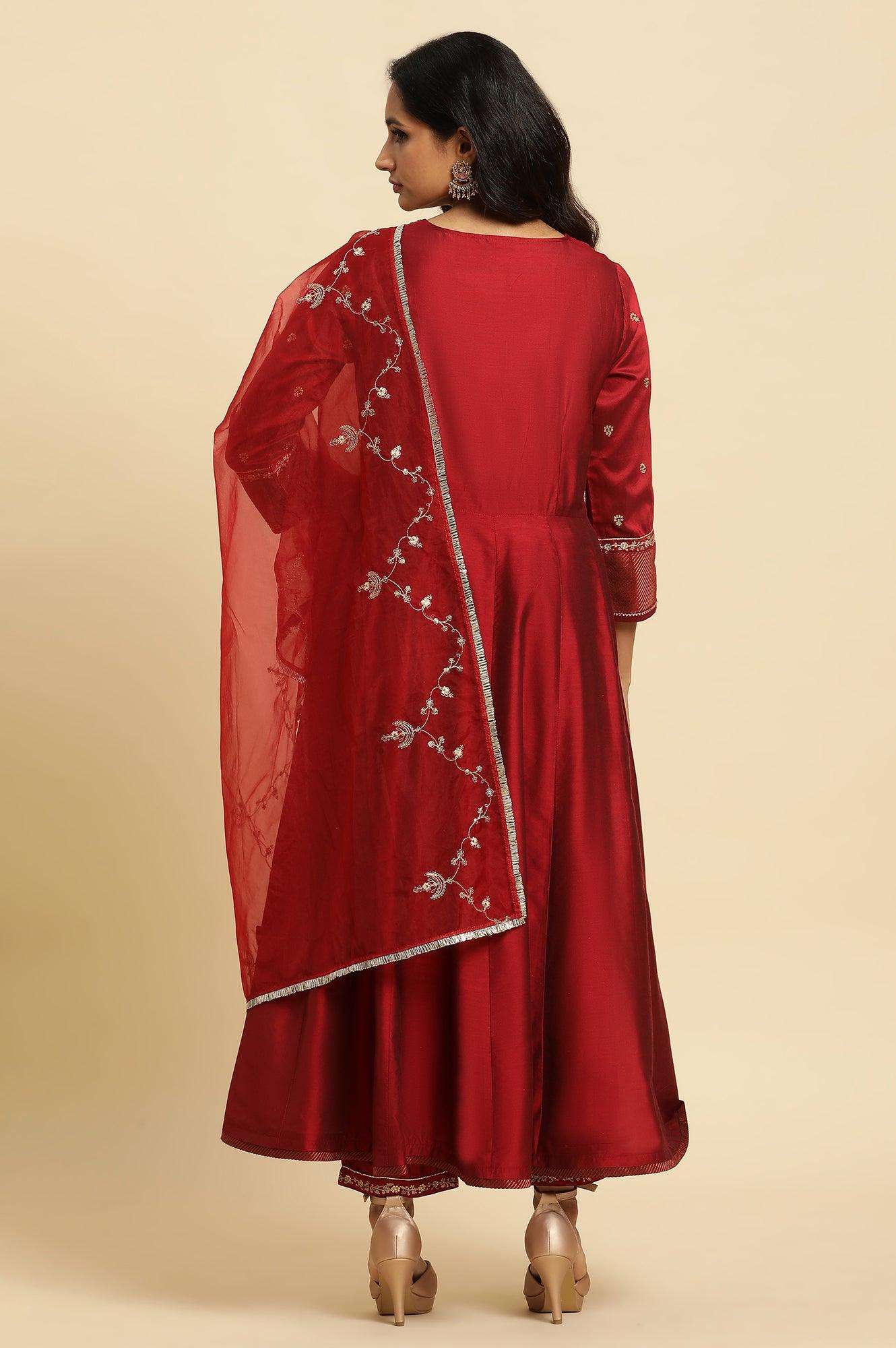W for Woman Dark Red Zari Embroidered Festive Kurta, Pant And Dupatta Set | Grocsy