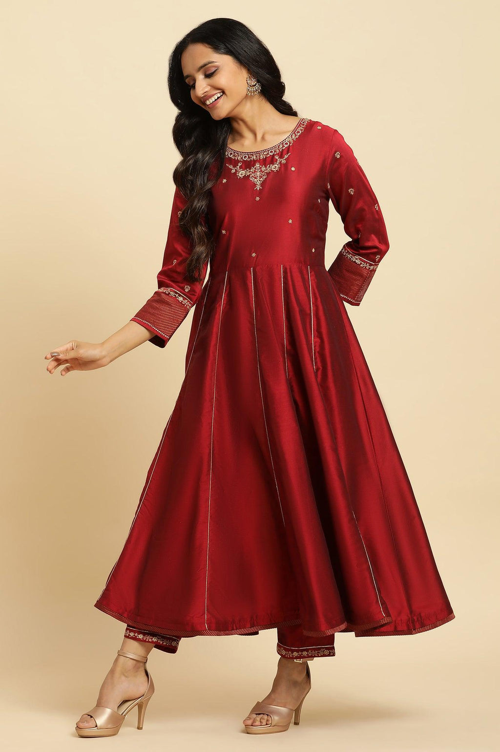W for Woman Dark Red Zari Embroidered Festive Kurta, Pant And Dupatta Set | Grocsy