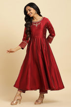 W for Woman Dark Red Zari Embroidered Festive Kurta, Pant And Dupatta Set | Grocsy