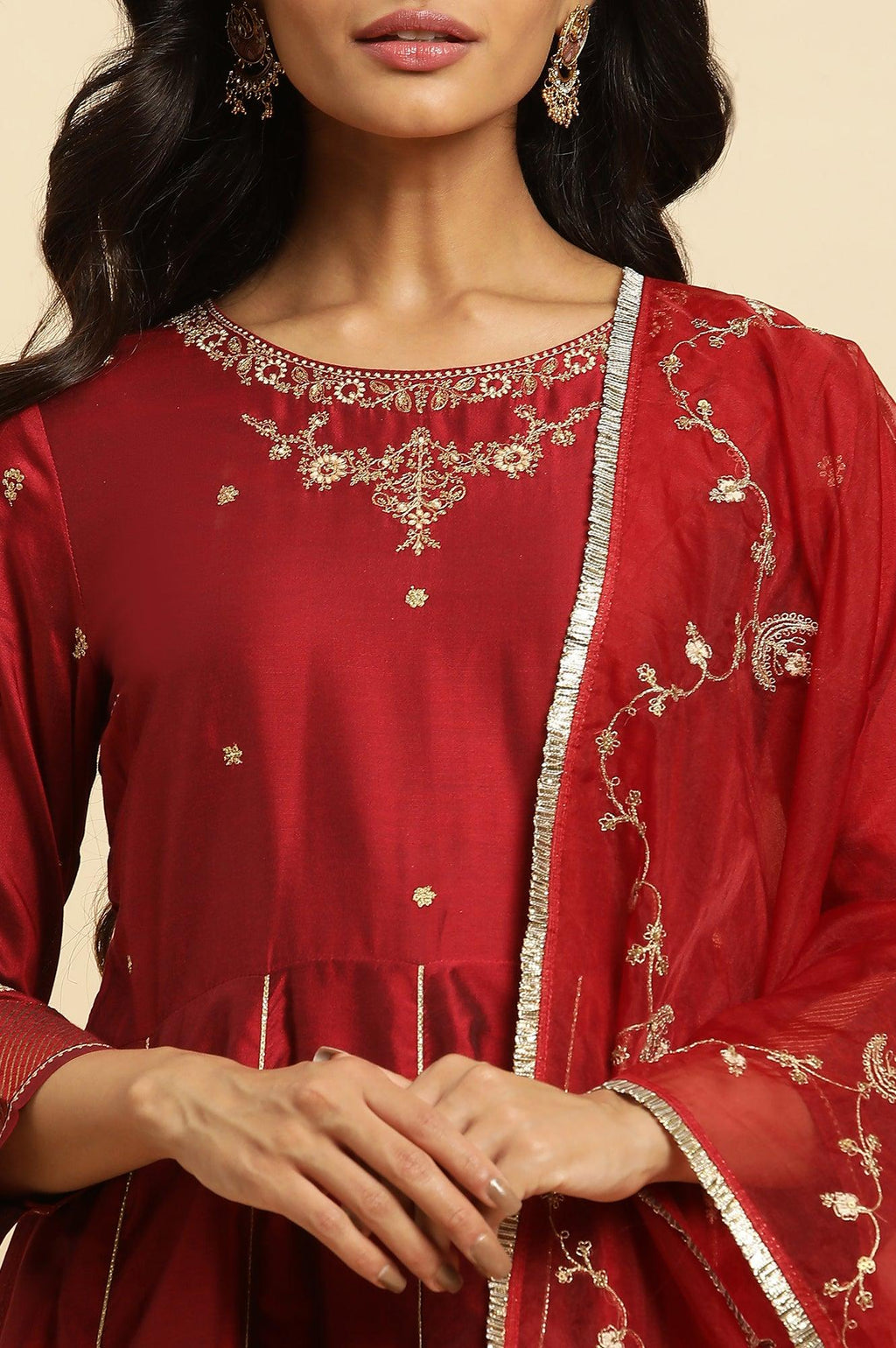 W for Woman Dark Red Zari Embroidered Festive Kurta, Pant And Dupatta Set | Grocsy