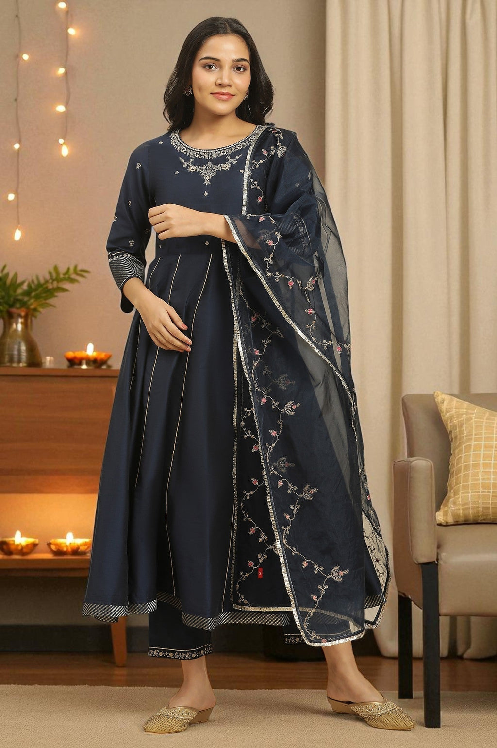 W for Woman Dark Blue Zari Embroidered Festive Kurta, Pants and Dupatta Set | Grocsy