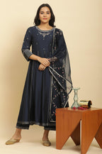 W for Woman Dark Blue Zari Embroidered Festive Kurta, Pants and Dupatta Set | Grocsy