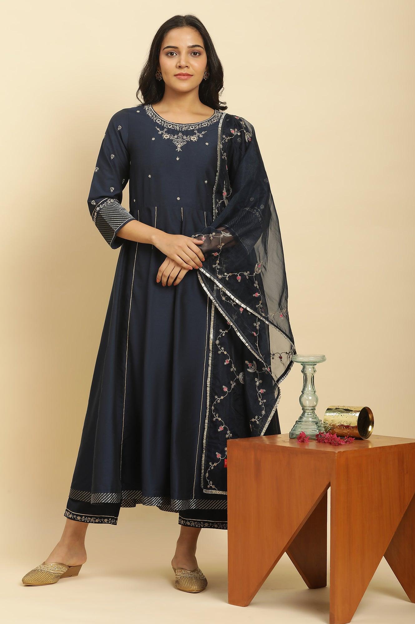 W for Woman Dark Blue Zari Embroidered Festive Kurta, Pants and Dupatta Set | Grocsy