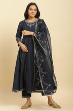 W for Woman Dark Blue Zari Embroidered Festive Kurta, Pants and Dupatta Set | Grocsy
