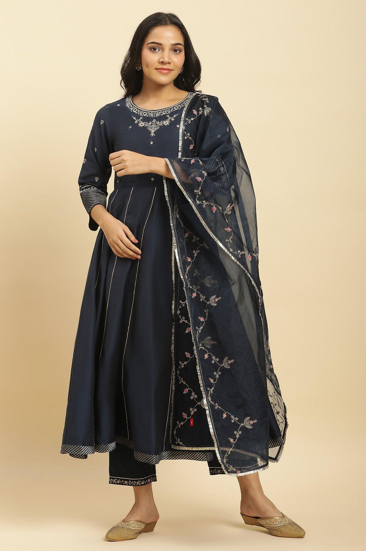 W for Woman Dark Blue Zari Embroidered Festive Kurta, Pants and Dupatta Set | Grocsy