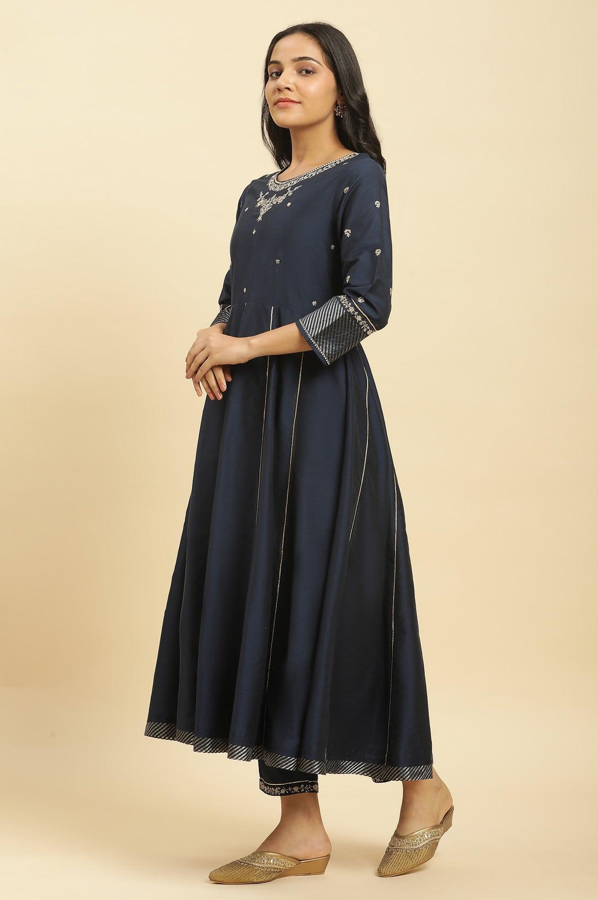 W for Woman Dark Blue Zari Embroidered Festive Kurta, Pants and Dupatta Set | Grocsy