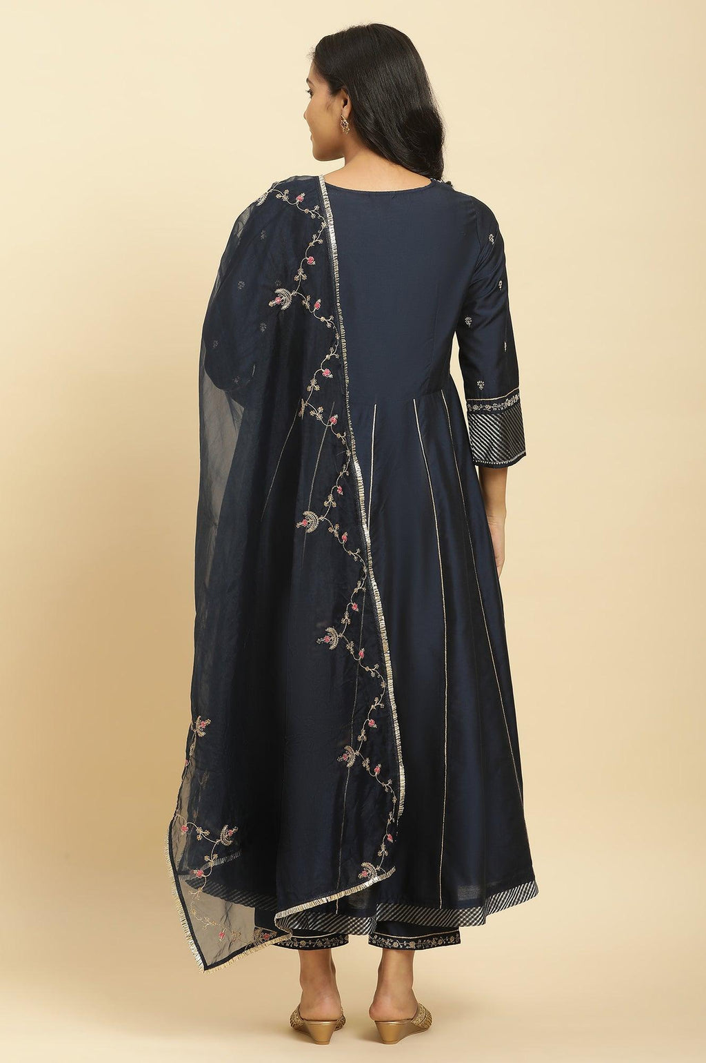 W for Woman Dark Blue Zari Embroidered Festive Kurta, Pants and Dupatta Set | Grocsy