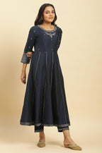 W for Woman Dark Blue Zari Embroidered Festive Kurta, Pants and Dupatta Set | Grocsy