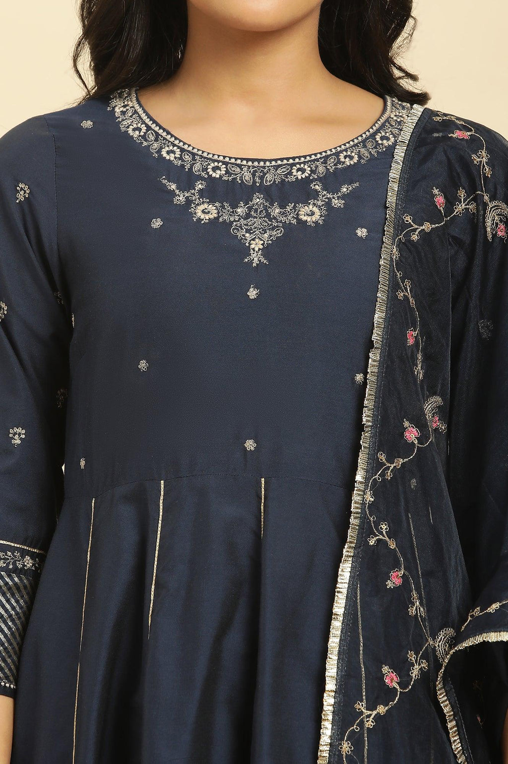W for Woman Dark Blue Zari Embroidered Festive Kurta, Pants and Dupatta Set | Grocsy