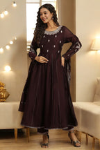 W for Woman Purple Flared Embroidered Kurta, Pants And Dupatta Set | Grocsy