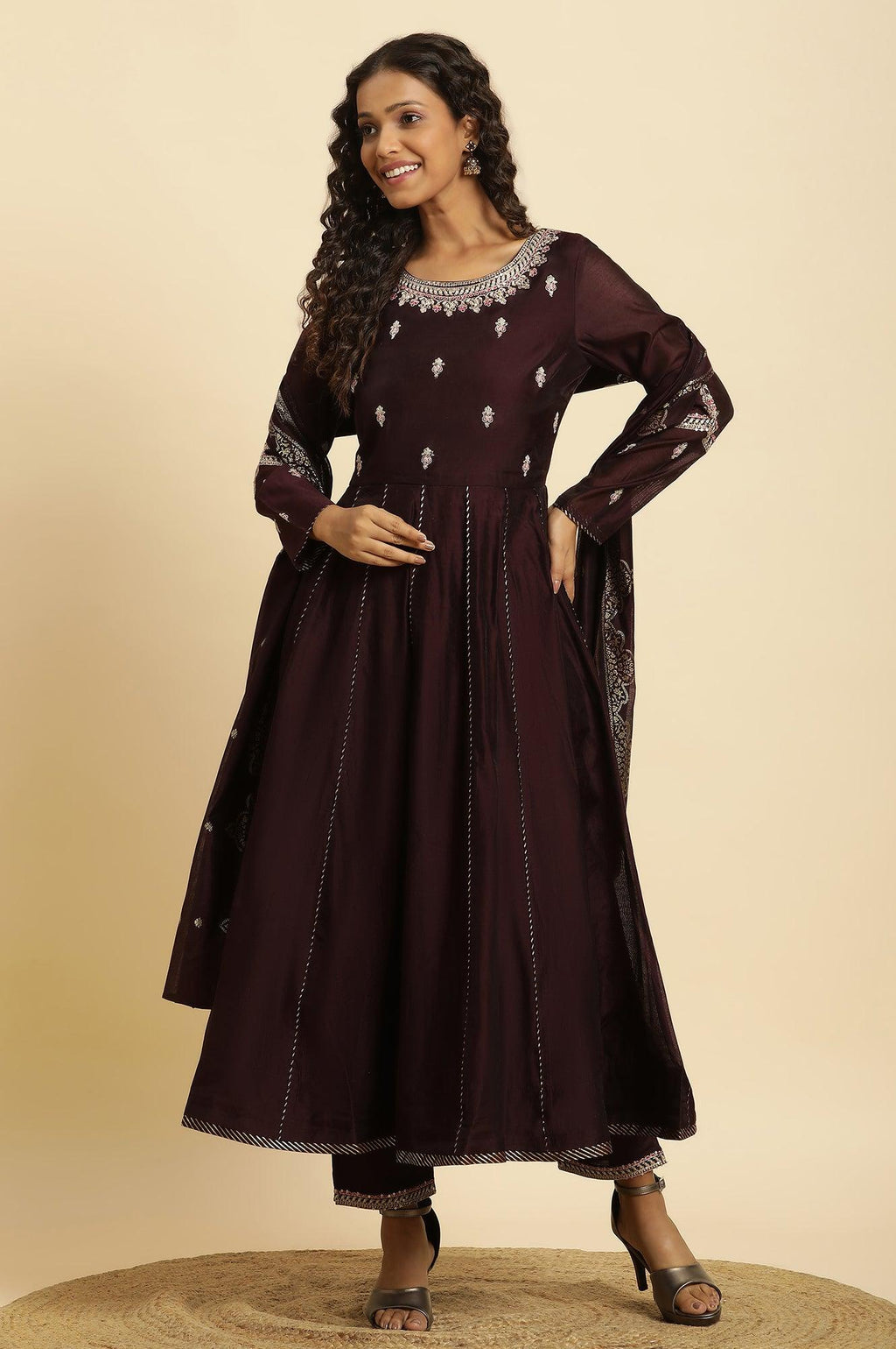 W for Woman Purple Flared Embroidered Kurta, Pants And Dupatta Set | Grocsy