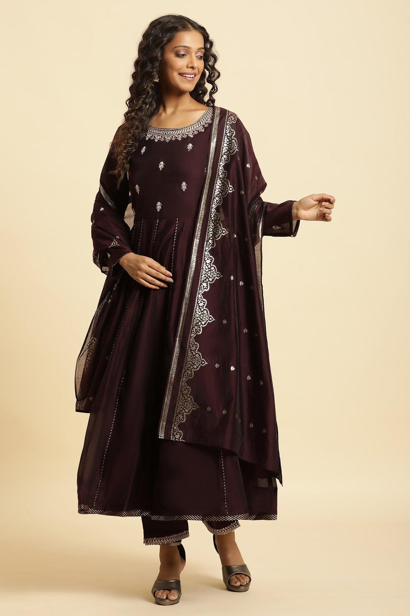W for Woman Purple Flared Embroidered Kurta, Pants And Dupatta Set | Grocsy