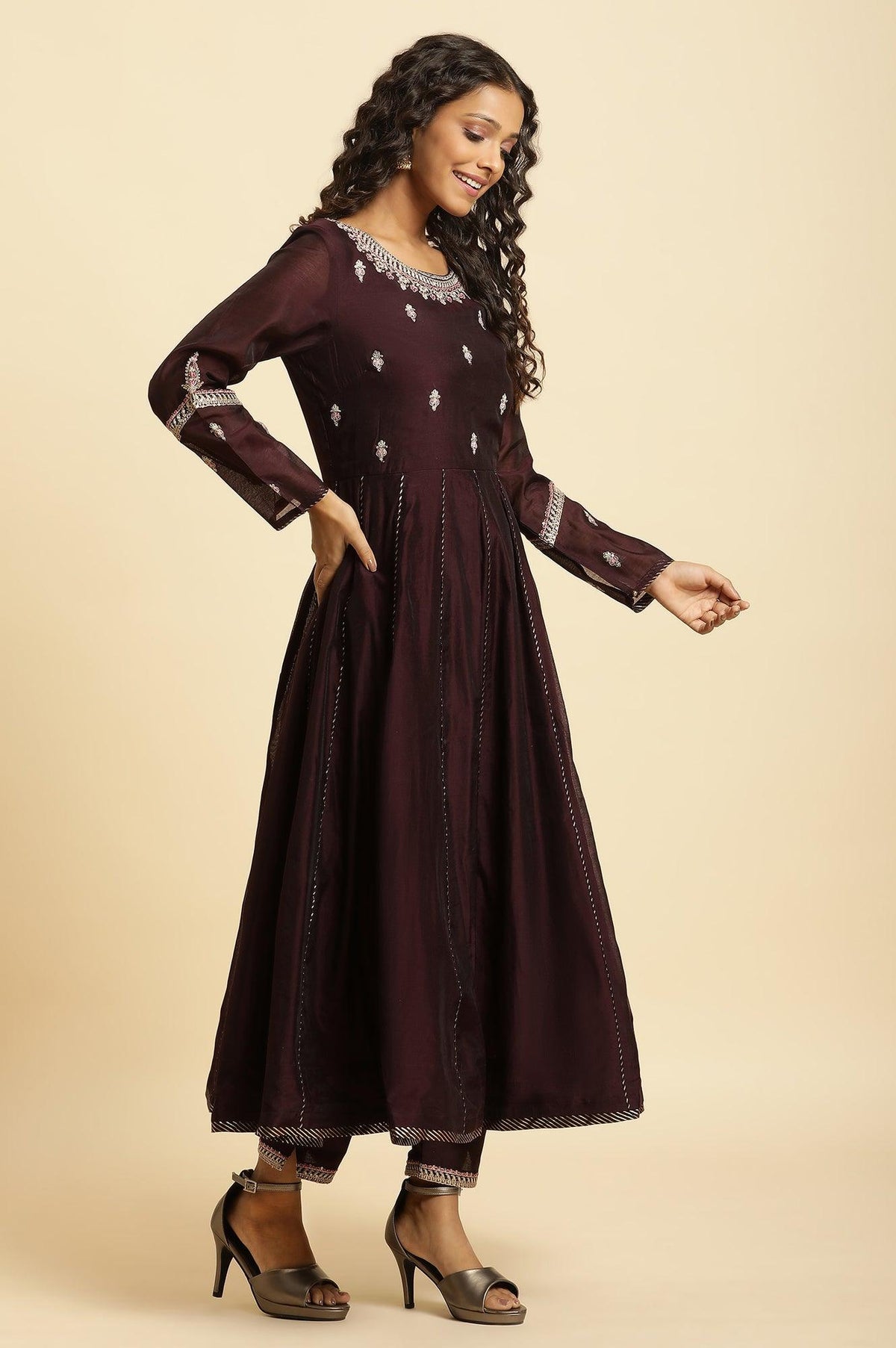 W for Woman Purple Flared Embroidered Kurta, Pants And Dupatta Set | Grocsy