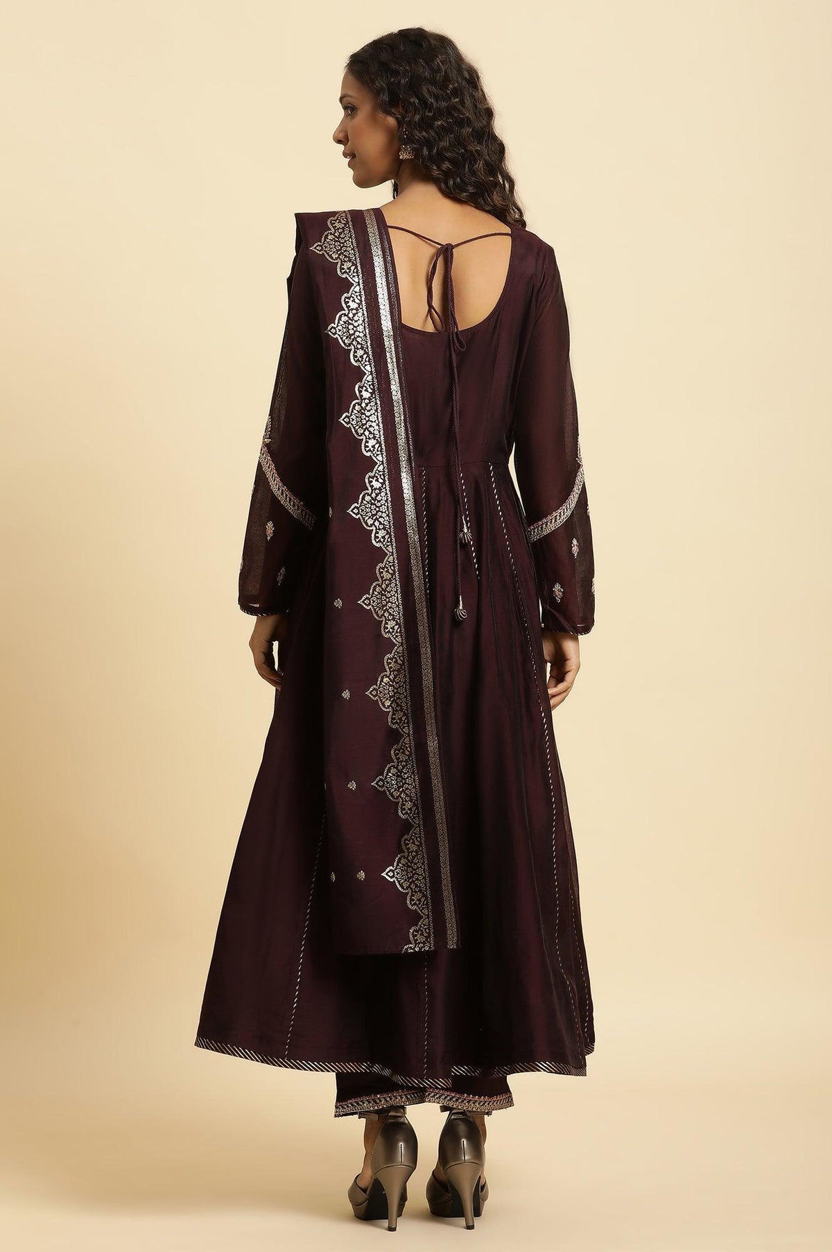 W for Woman Purple Flared Embroidered Kurta, Pants And Dupatta Set | Grocsy