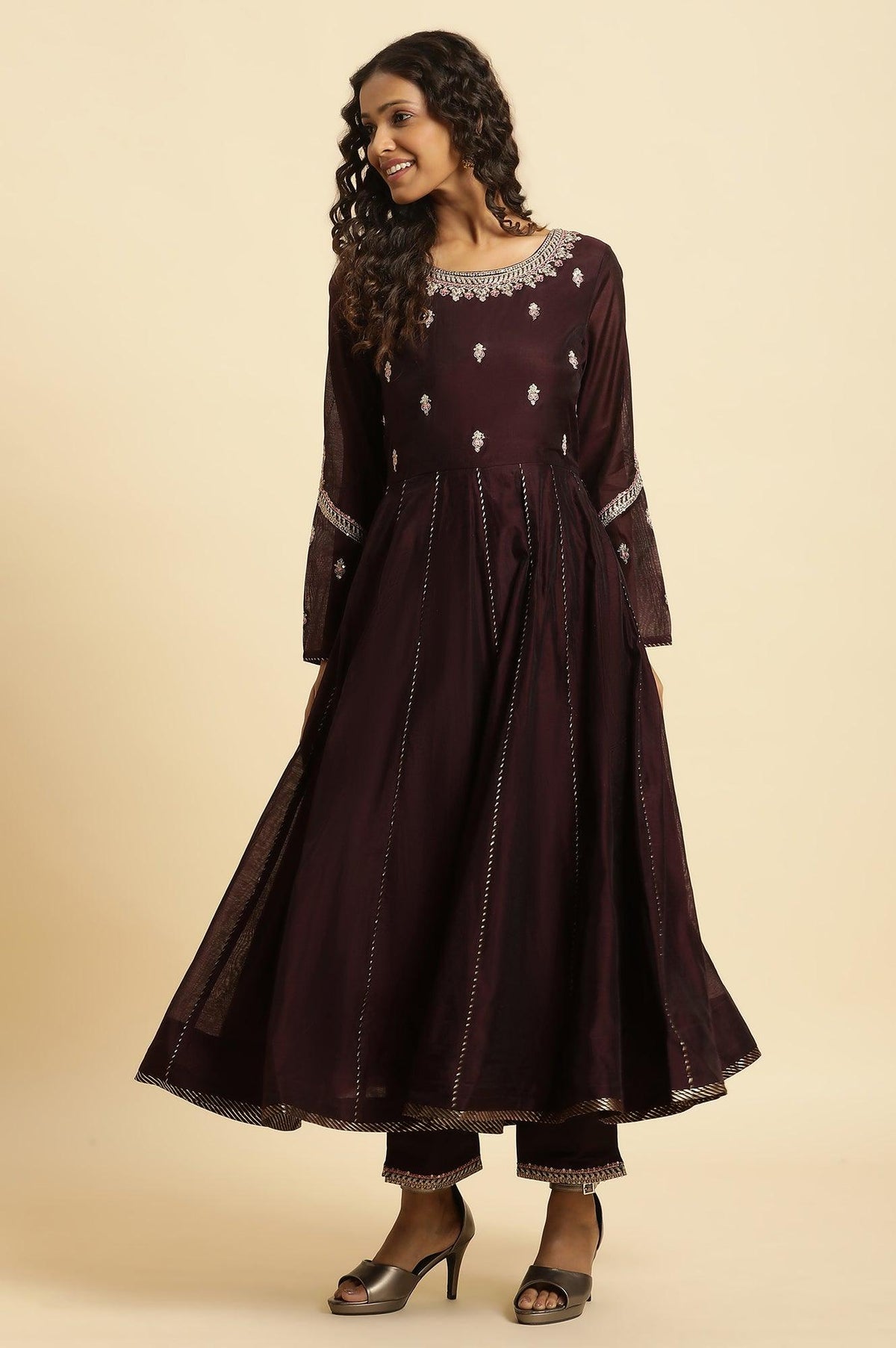 W for Woman Purple Flared Embroidered Kurta, Pants And Dupatta Set | Grocsy