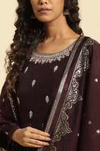 W for Woman Purple Flared Embroidered Kurta, Pants And Dupatta Set | Grocsy