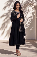 W for Woman Black Flared Metallic Embroidered Kurta, Pants And Dupatta Set | Grocsy