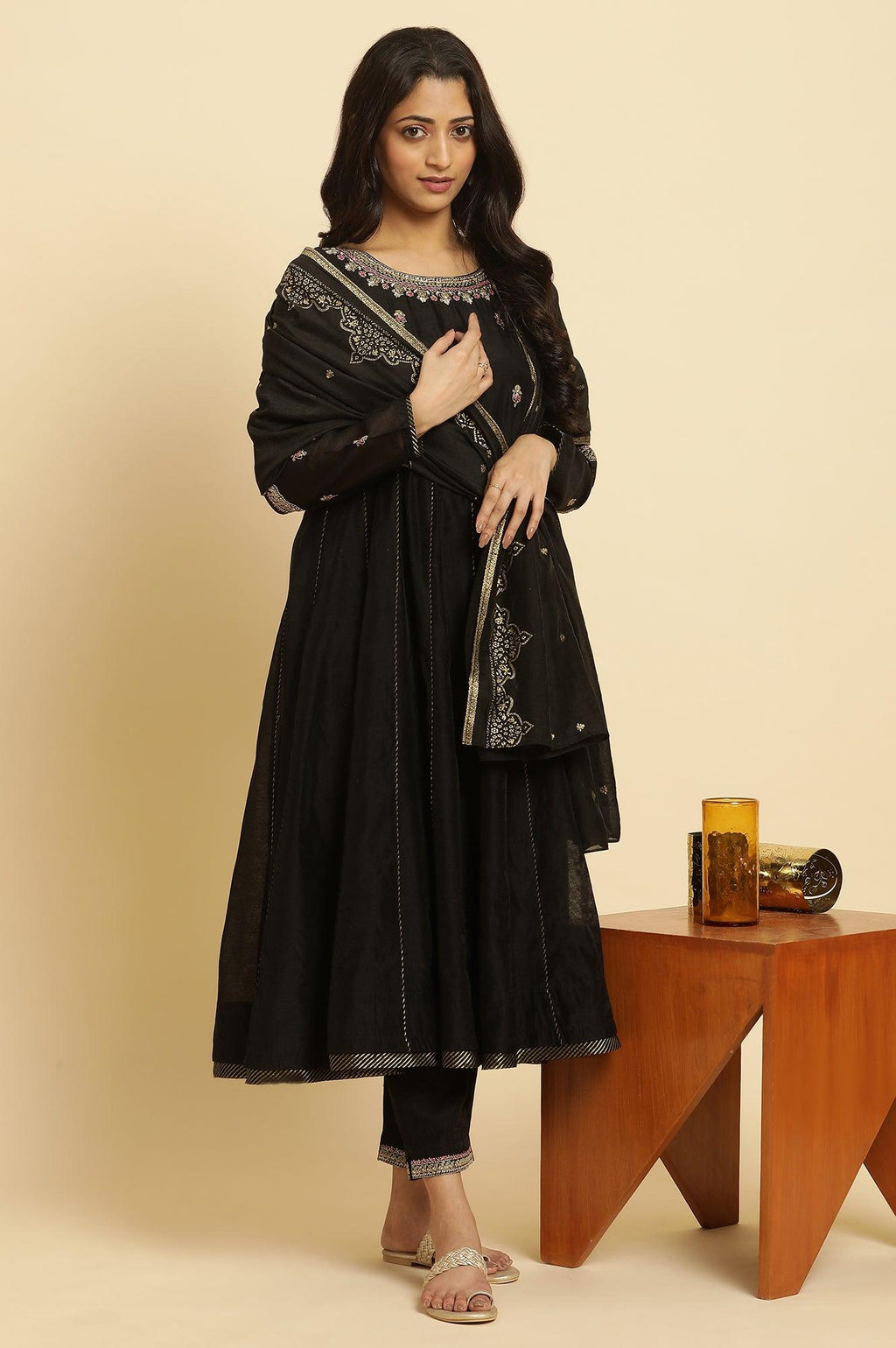 W for Woman Black Flared Metallic Embroidered Kurta, Pants And Dupatta Set | Grocsy