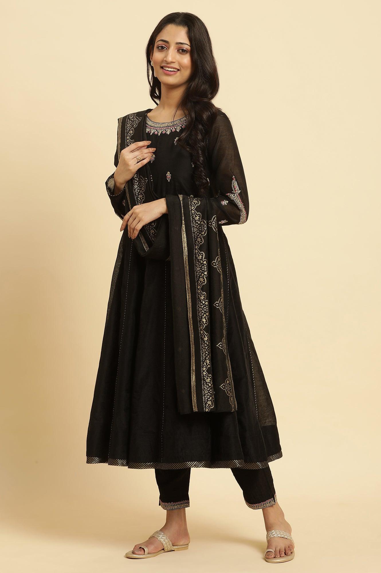W for Woman Black Flared Metallic Embroidered Kurta, Pants And Dupatta Set | Grocsy