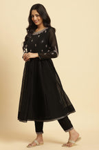 W for Woman Black Flared Metallic Embroidered Kurta, Pants And Dupatta Set | Grocsy