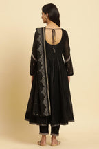 W for Woman Black Flared Metallic Embroidered Kurta, Pants And Dupatta Set | Grocsy