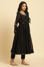 W for Woman Black Flared Metallic Embroidered Kurta, Pants And Dupatta Set | Grocsy