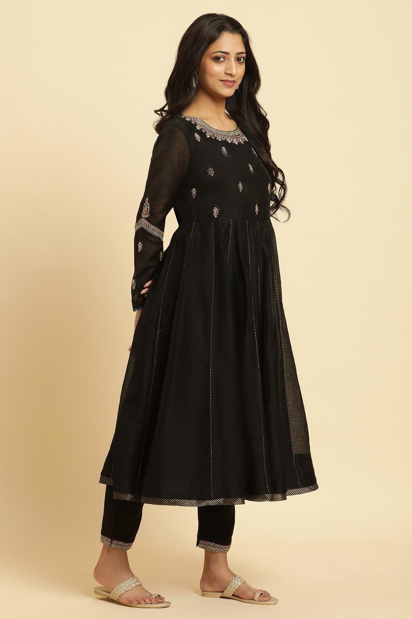 W for Woman Black Flared Metallic Embroidered Kurta, Pants And Dupatta Set | Grocsy